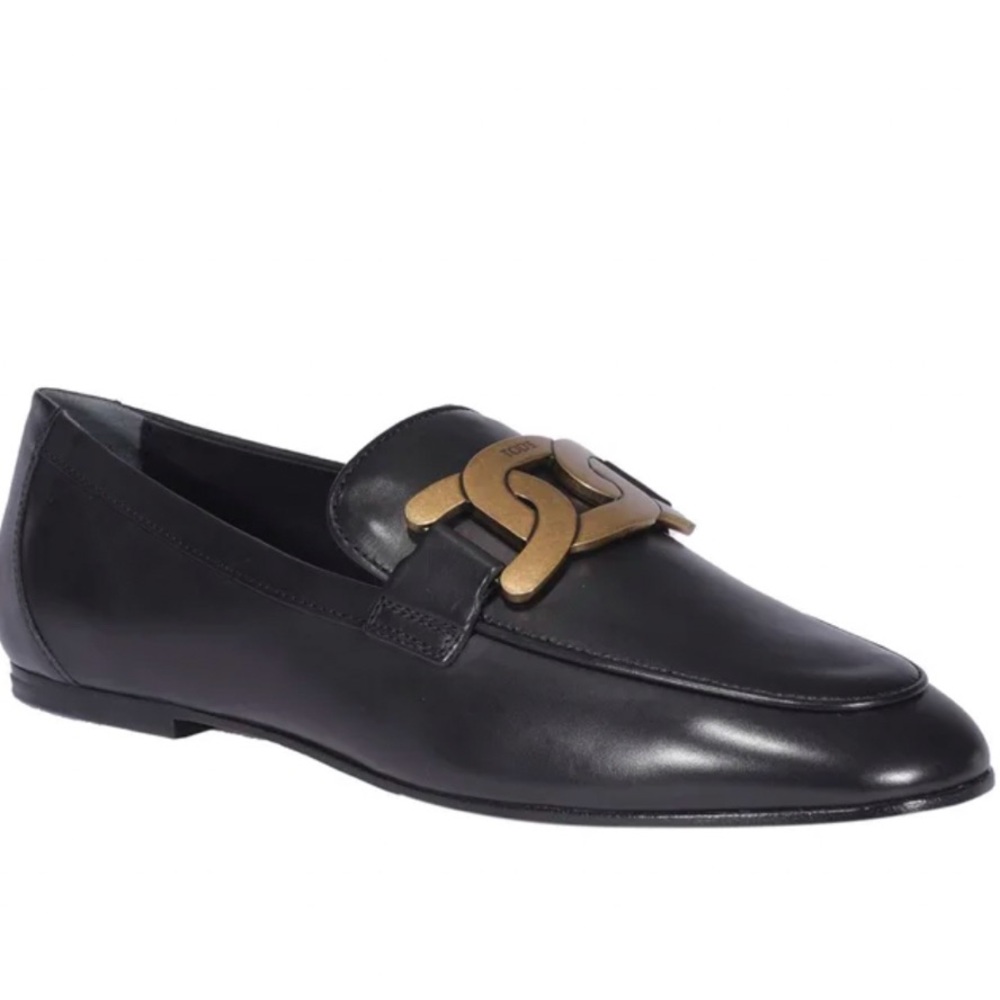 Tod's Black Leather Loafers with Gold Accent